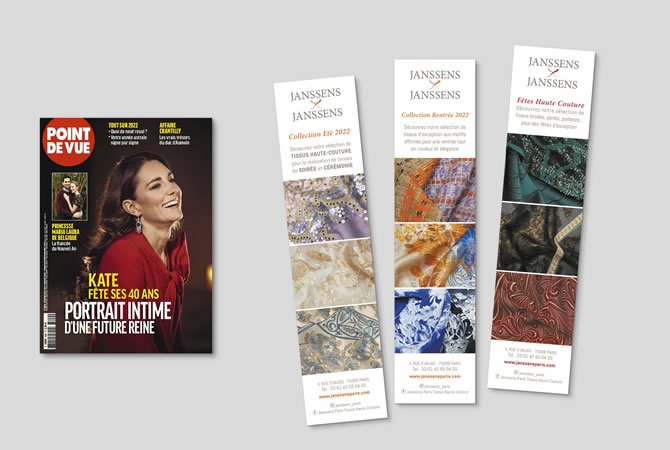AOZU | JANSSENS & JANSSENS TISSUS PARIS | Mise en page encarts pubs dans magazine Point de Vue